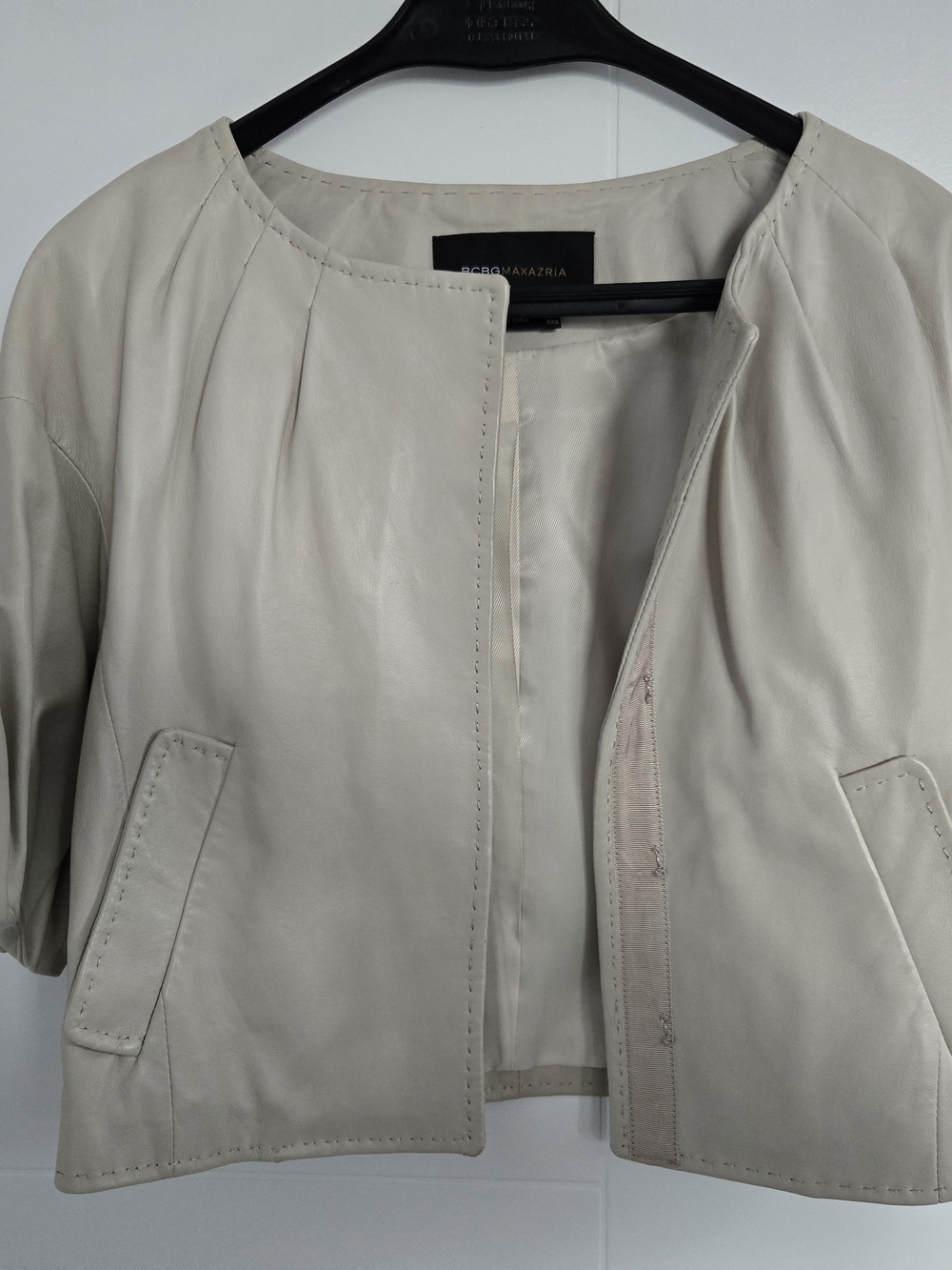 BCBGMaxAzria Cream Leather Cropped Jacket with Patch Pockets